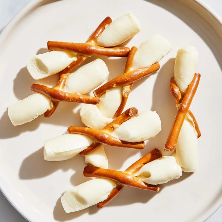 Freshly assembled string cheese & pretzel rod snack: a simple, appealing platter, great with dipping sauces.