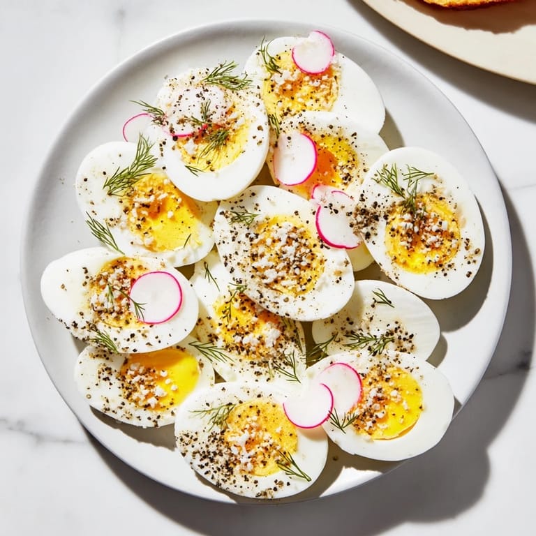 Vibrant brunch spread featuring hard-boiled eggs with everything bagel seasoning alongside fresh vegetables.
