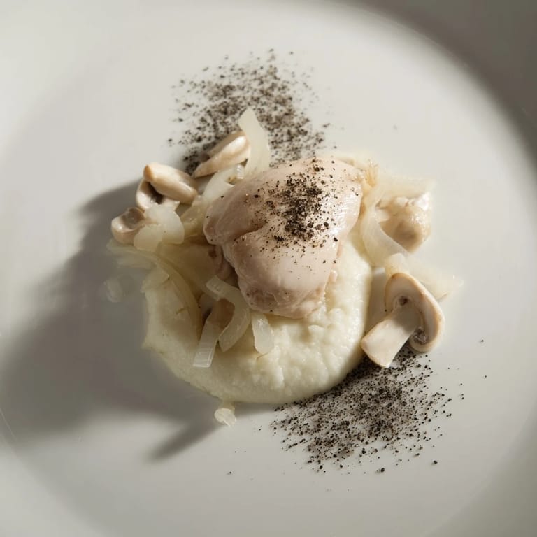 This elegant The Ghostly Gala features perfectly poached chicken, with sautéed mushrooms and a pepper "shadow."