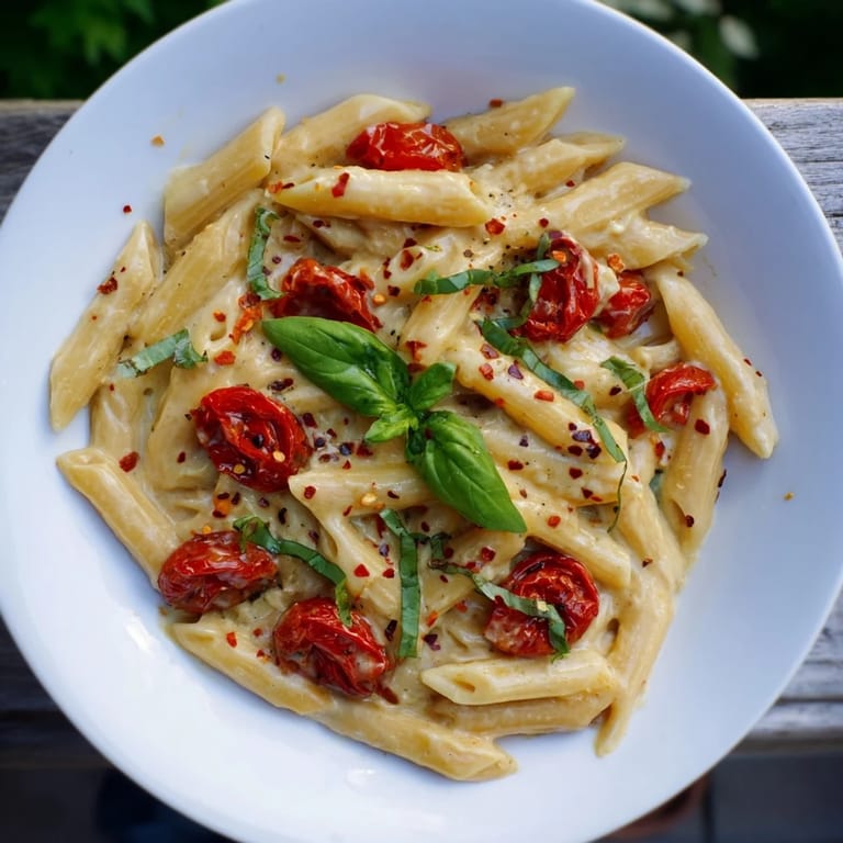 Steam rising from a bowl of Boursin cheese pasta, showcasing the vibrant roasted tomato sauce and flavor.
