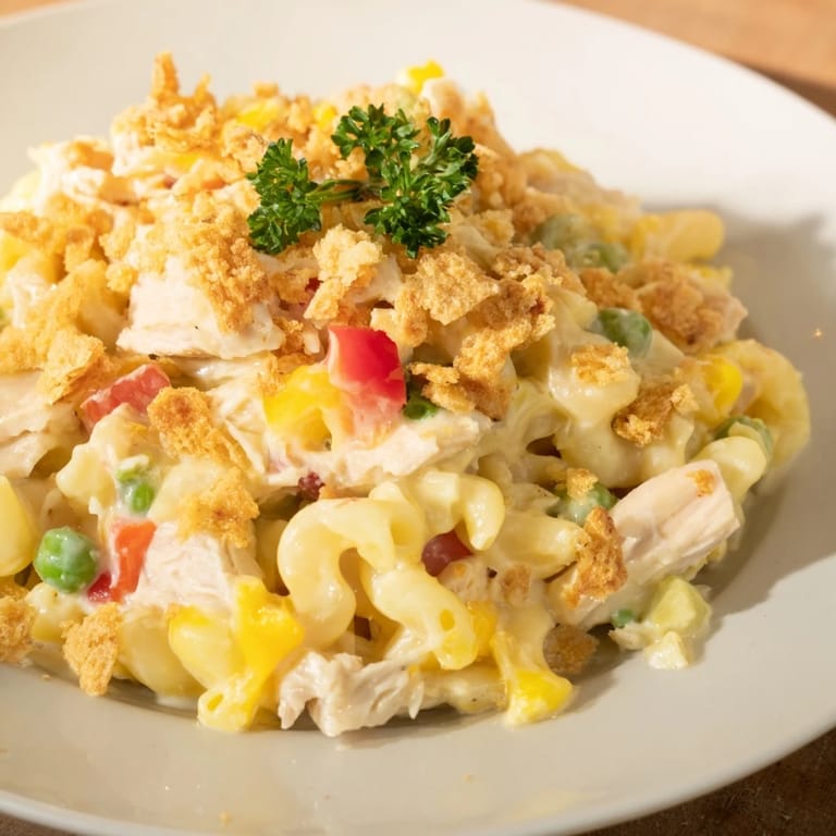 Savory Chicken Macaroni Southern Style; a perfect family meal showcasing the tender chicken and colorful vegetables.