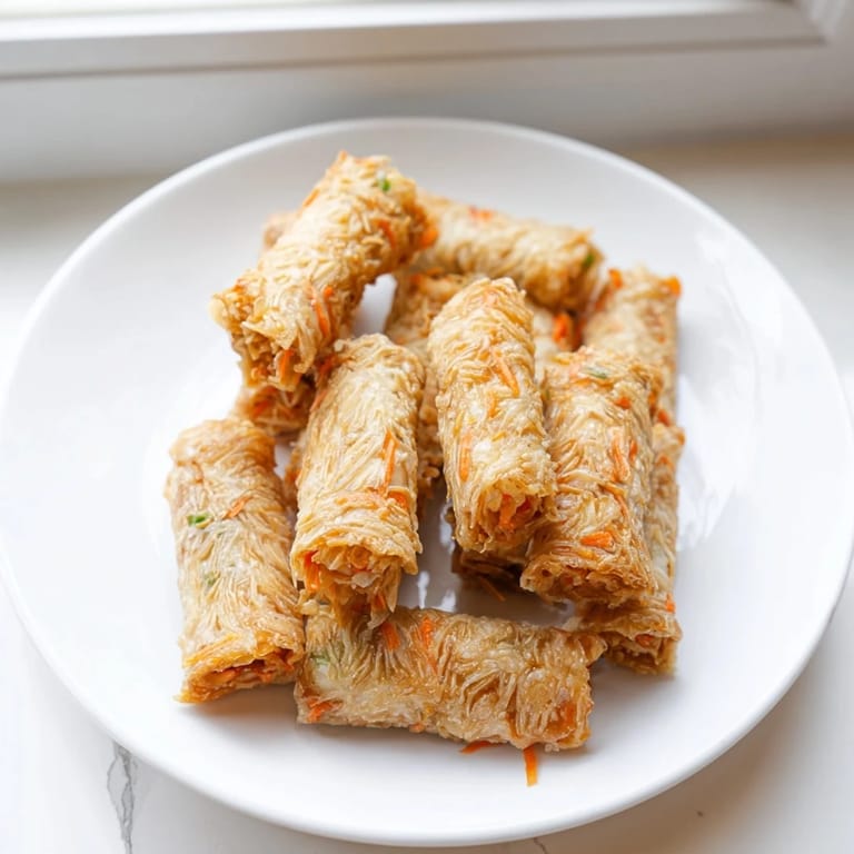Air Fryer Chicken Lumpia Bites arranged on a plate—small, perfectly browned, and delicious-looking Filipino snacks.