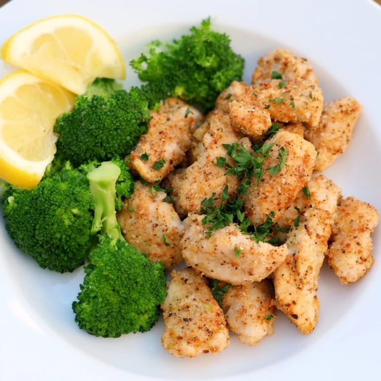 Delicious and visually appealing: a bowl filled with vibrant Microwave-Steamed Chicken and Broccoli, ready to eat alongside lemon slices.