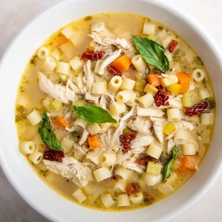 A steaming bowl of comforting Marry Me Chicken Soup: chicken, pasta with creamy, tomato-infused broth.