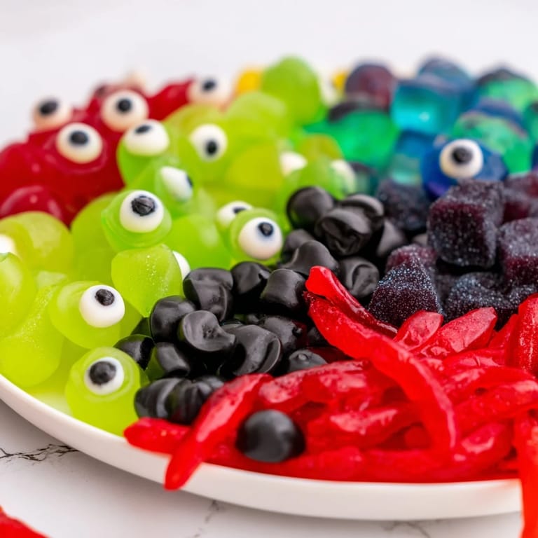 A visually stunning Poison Apple Candy Platter, brimming with apple candies, licorice bits, and spooky eyeballs.