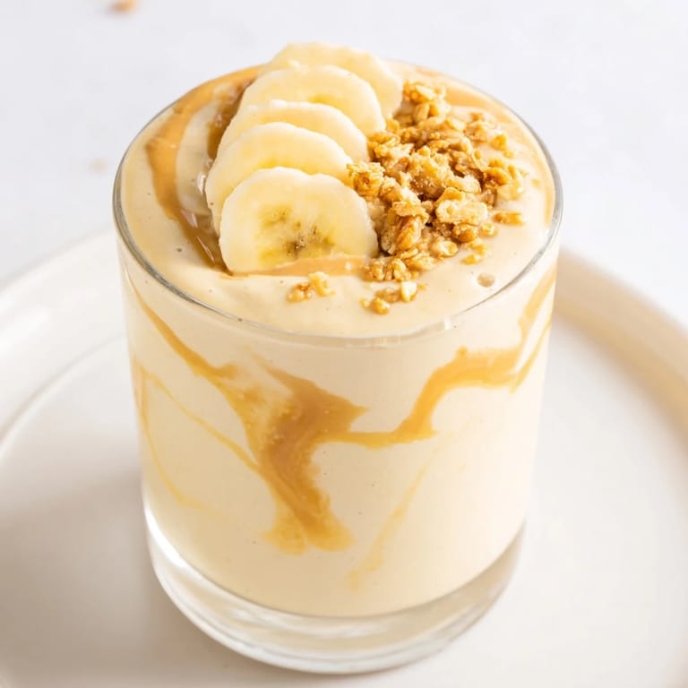 Cool and satisfying: A vibrant yellow Peanut Butter Banana Smoothie ready to be enjoyed as a tasty beverage.