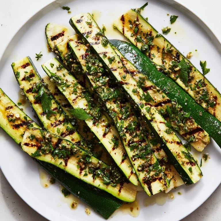 Beautifully plated Garlic Herb Grilled Zucchini, seasoned with vibrant herbs, ready for a Mediterranean feast.