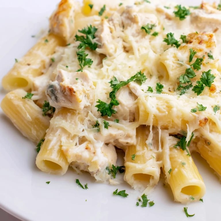 Close-up of a cheesy and decadent Chicken Alfredo Bake, perfect for a comforting weeknight meal.