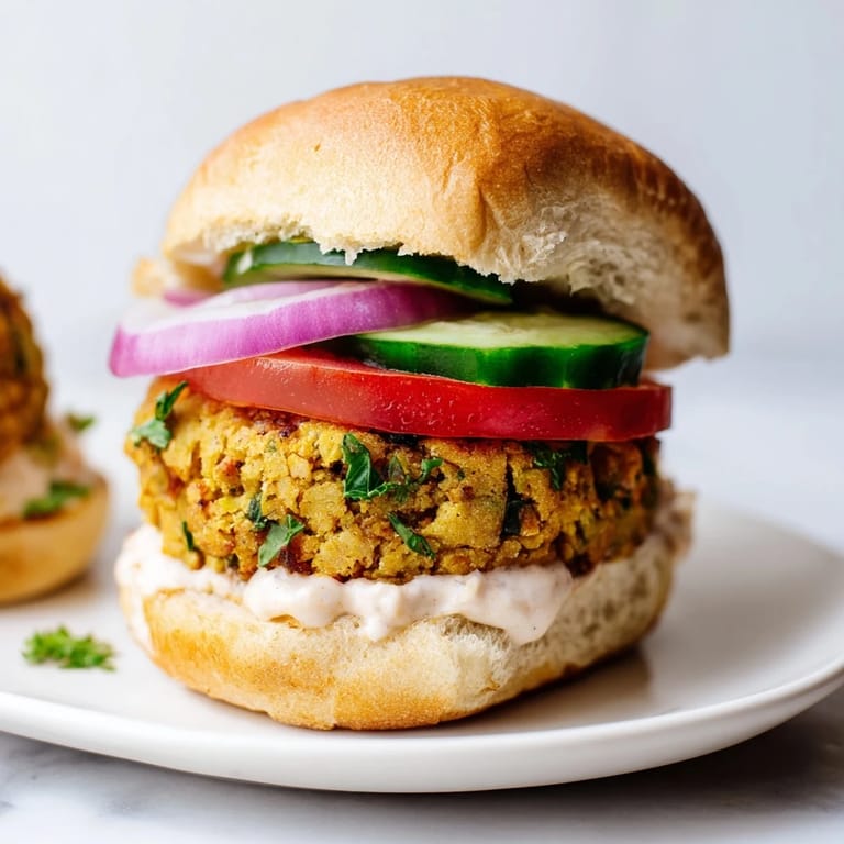 Fluffy mini buns cradling a Baked Falafel Slider, drizzled with creamy tahini and colorful, crisp toppings.