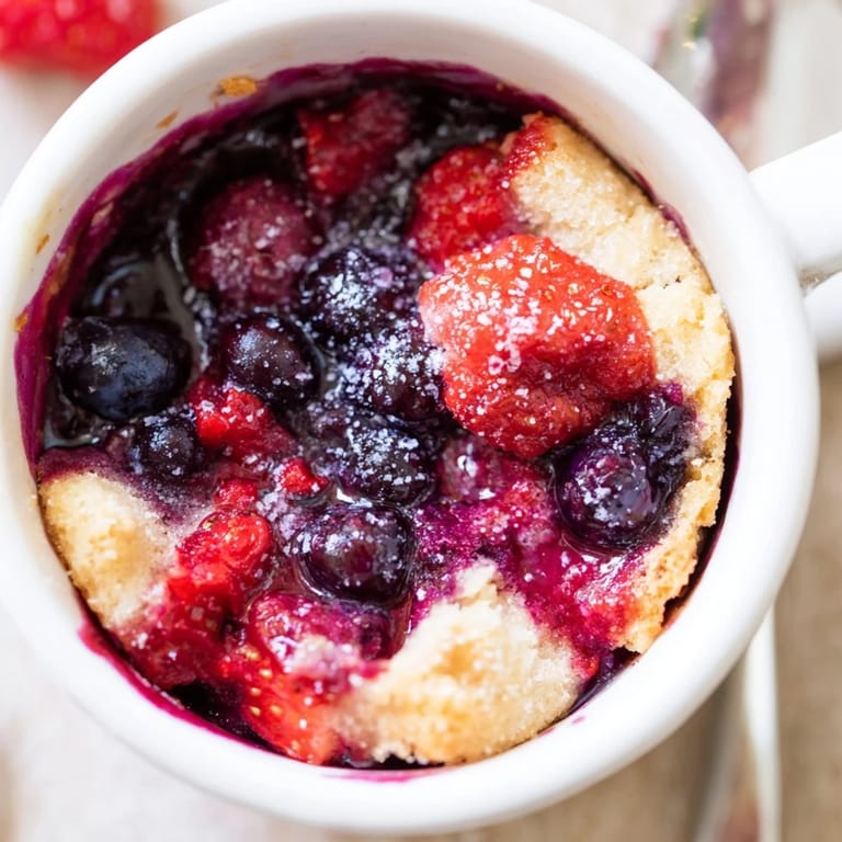 A close-up of a delightful Mixed Berry Cobbler Mug Cake, showing the juicy berry filling.
