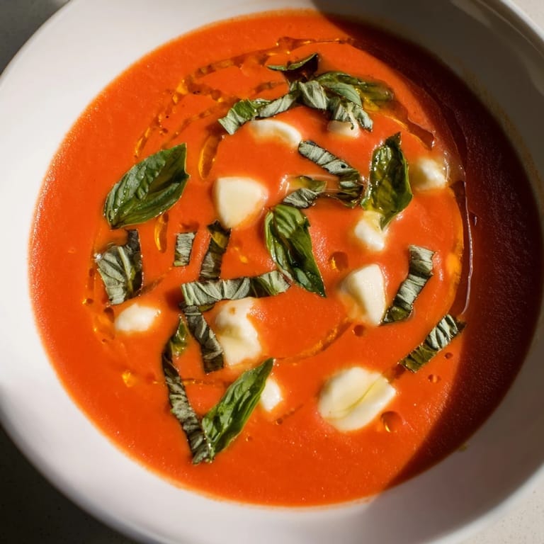 A close-up shot of Creamy Tomato Mozzarella Soup, garnished with fresh basil, ready to be enjoyed.