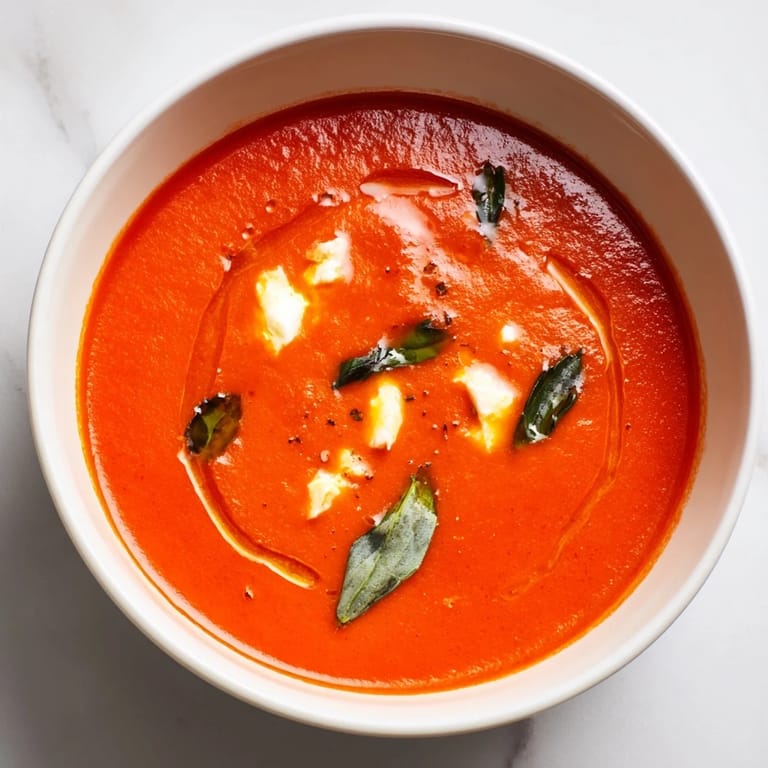 Enjoy the comforting texture of velvety Creamy Tomato Mozzarella Soup, served with crusty bread for dipping.