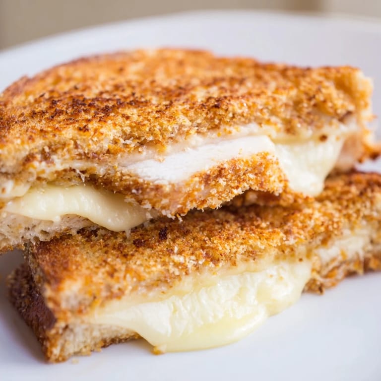 A close-up shot of the delicious crispy parmesan chicken thighs nestled inside a grilled cheese sandwich.