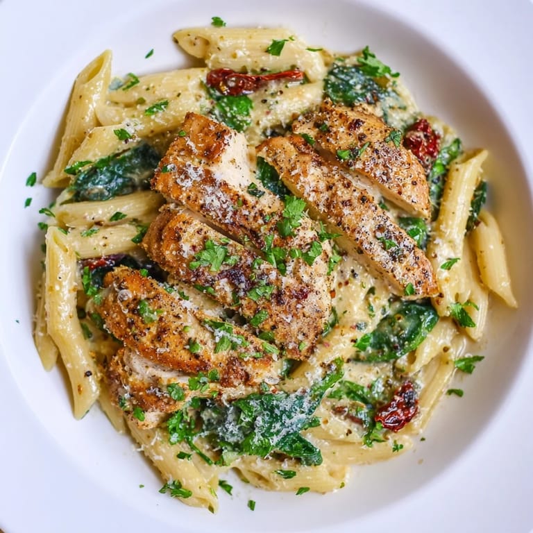 A close-up view of Creamy Tuscan Chicken Pasta reveals sun-dried tomatoes and spinach, inviting a delicious Italian-American dish.