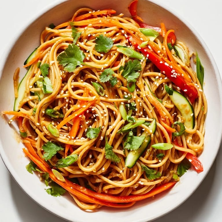 Enjoy a refreshing bowl of Garlic Noodle Salad with crisp veggies and toasted sesame seeds.