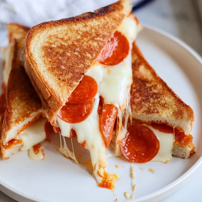 Close up shot of melty Pizza Grilled Cheese, featuring toasted sourdough with delicious, melted cheese inside.
