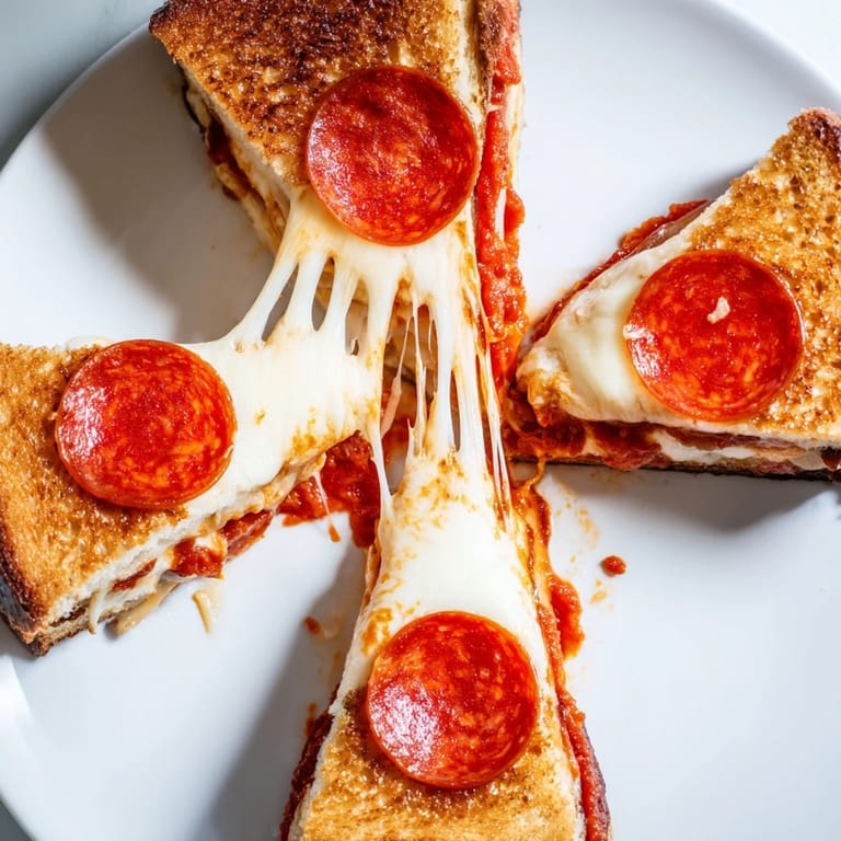 Freshly made Pizza Grilled Cheese, cut diagonally, ready to be dipped and enjoyed with extra marinara.