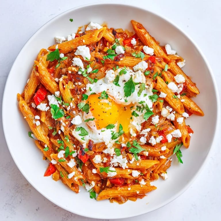 Golden yolks peek out from the Quick Shakshuka Pasta, garnished with herbs and crumbled feta cheese.