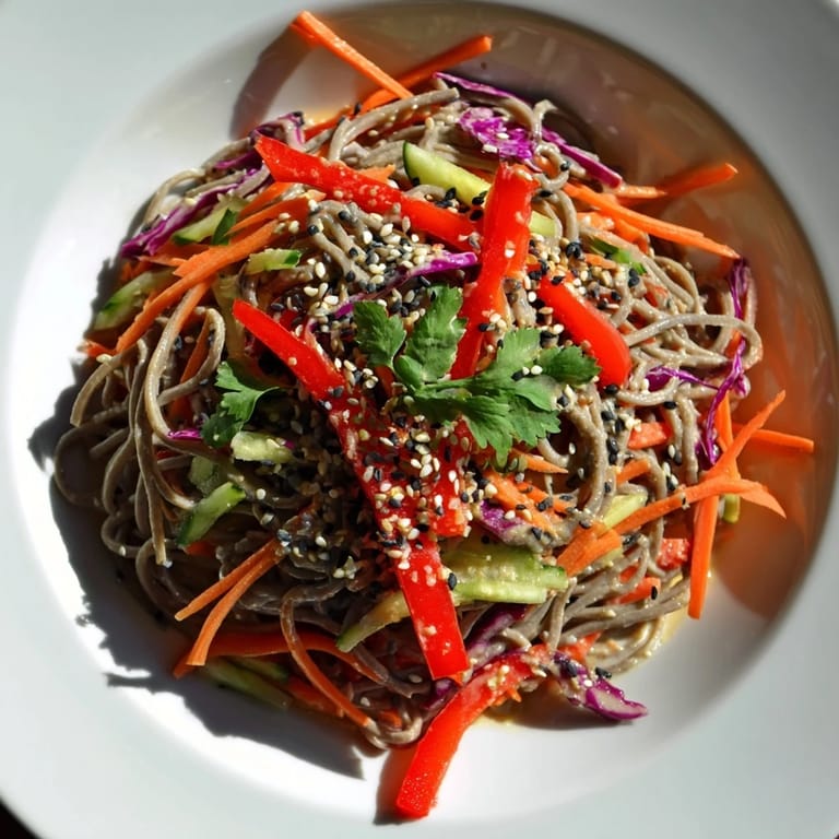 A bowl of refreshing soba noodle salad boasts crispy carrots, peanuts and a creamy, flavorful sauce ready to devour.