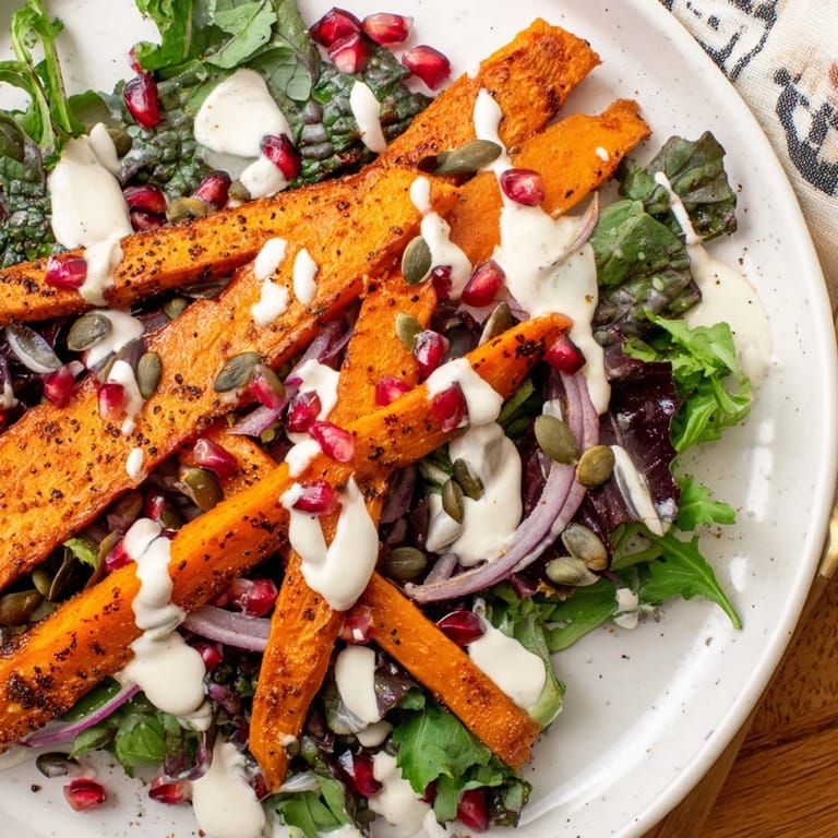 Fresh mixed greens topped with sweet roasted carrots and a tangy tahini-lemon drizzle; a perfect salad.