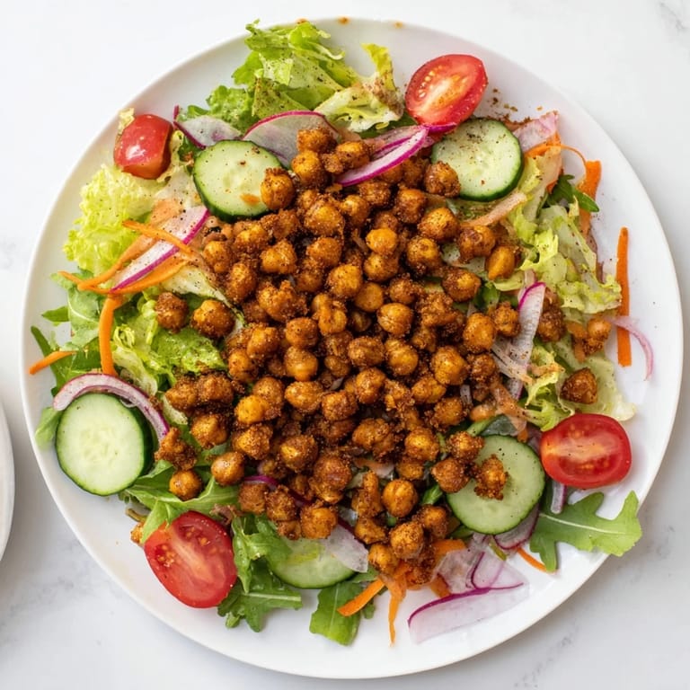 A close-up of Mixed Greens Salad with Crispy Chickpea Croutons, showing colorful, crunchy textures.
