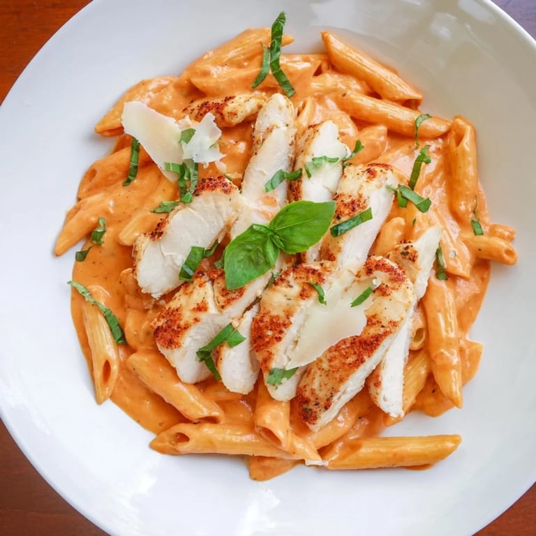 A close-up view of Creamy Tomato Basil Chicken Pasta showcasing tender chicken and creamy tomato sauce.
