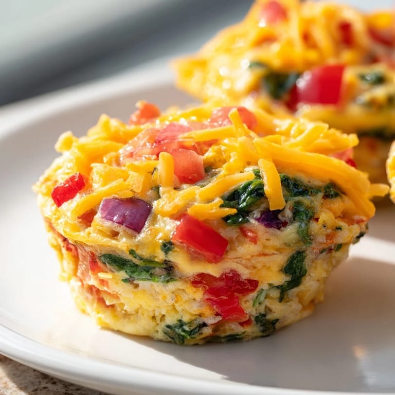 Golden-topped Veggie Egg Muffins with visible peppers and tomatoes, ideal for a savory anytime snack.