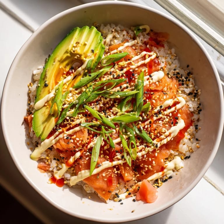 A close-up captures the appeal of the Classic Salmon Rice, with sesame seeds and sauces adding flavor.