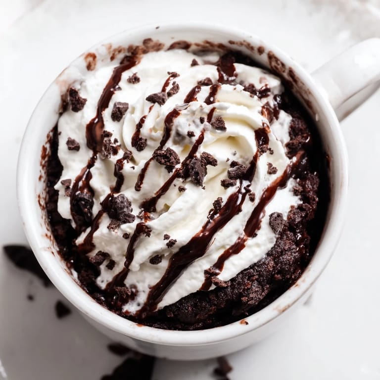 Delicious, single-serving Oreo Mug Cake: a close-up photo shows its fudgy texture topped with whipped cream.