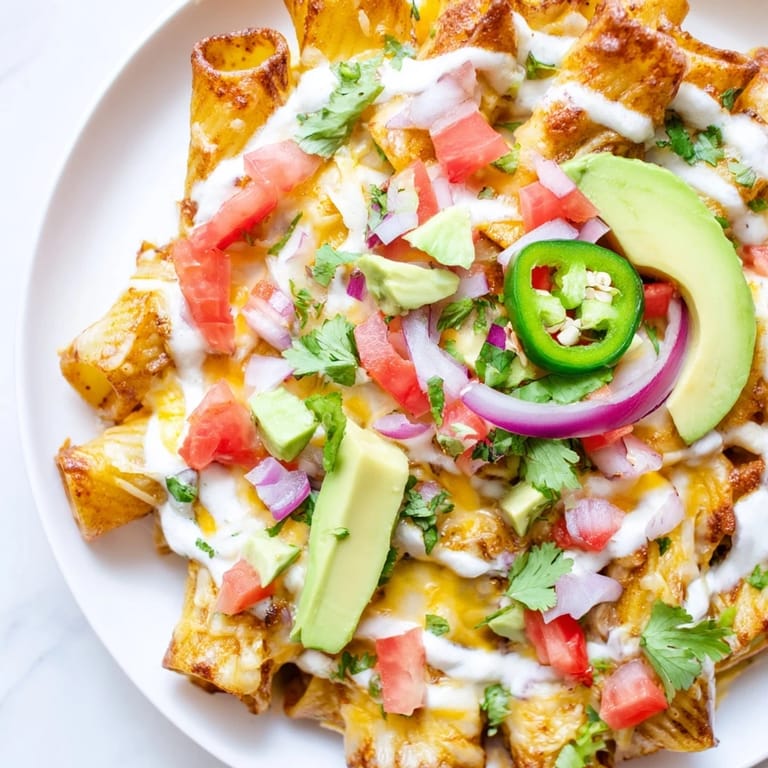 Close-up of pasta chips nachos: Perfectly baked pasta scattered with vibrant toppings and zesty sauce.