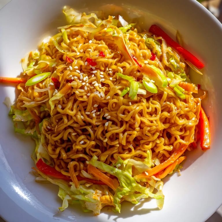 Bowls of delicious Spicy Ramen Stir Fry, topped with fresh green onions and sesame seeds.