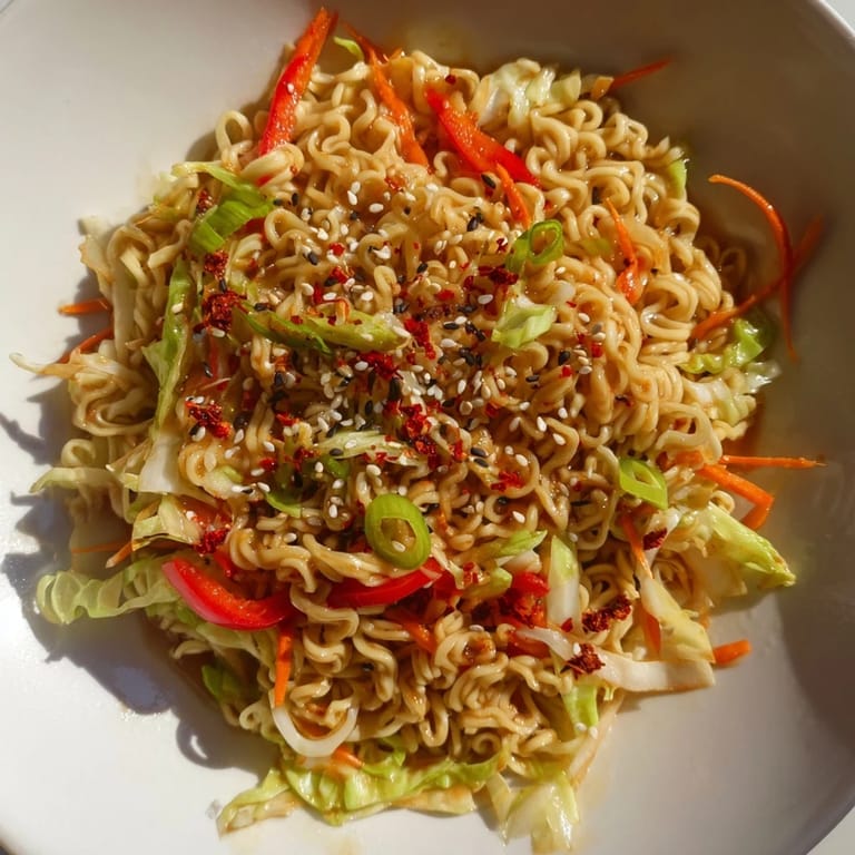 A close-up view of Spicy Ramen Stir Fry, with perfectly coated noodles and a flavorful sear.