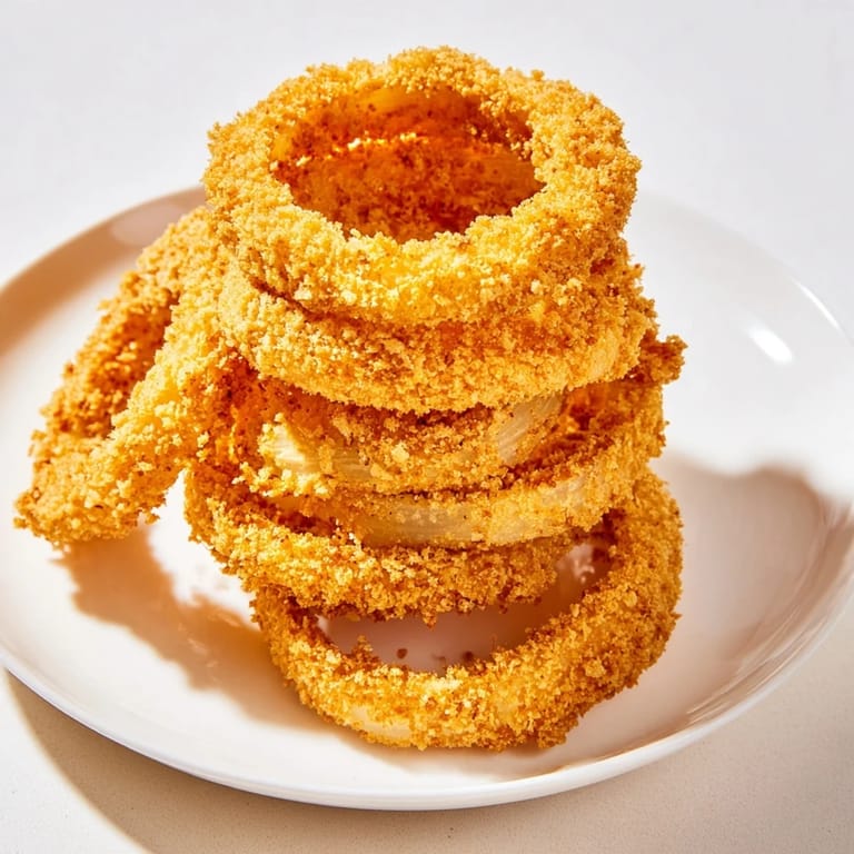 A close-up of a perfectly fried Crispy Onion Ring Tower, showcasing the beautiful golden-brown batter.