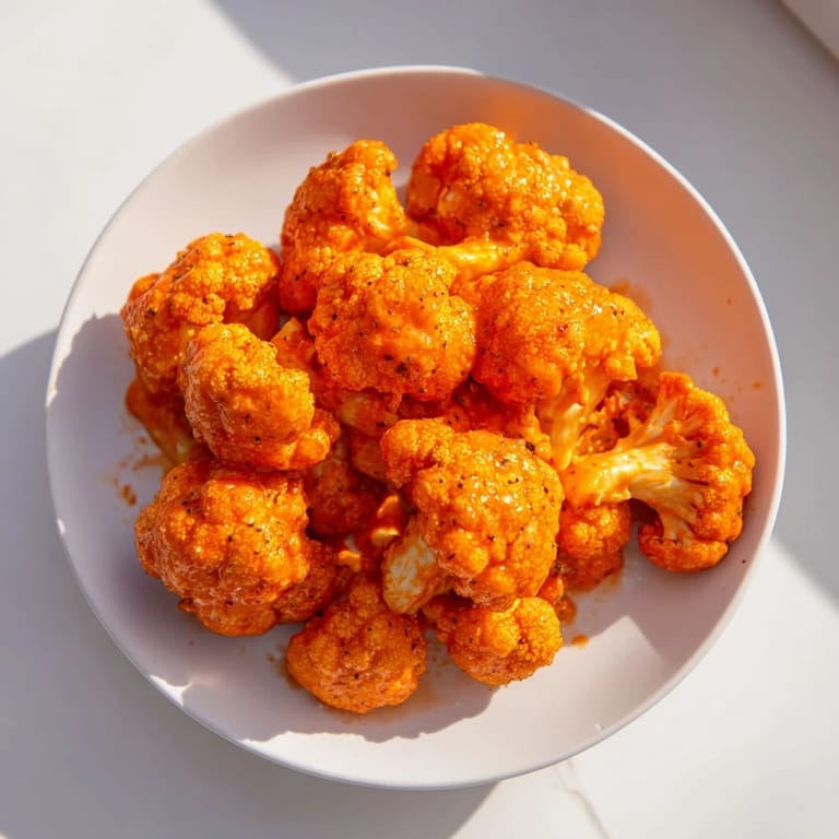 Air-fried Buffalo Cauliflower Bites, a vegetarian appetizer brimming with tangy buffalo wing flavors.