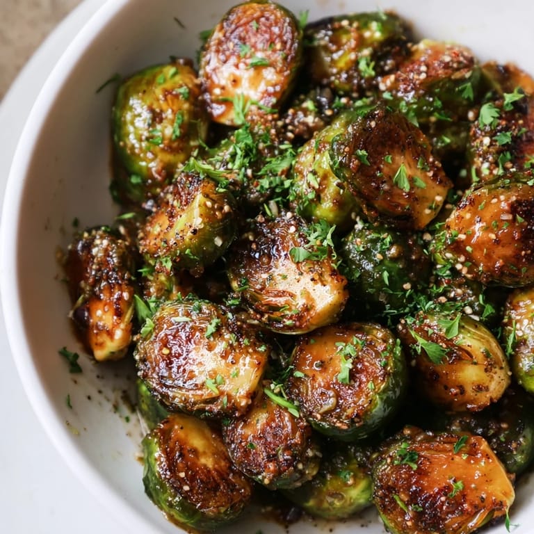 Delicious serving of honey mustard glazed Brussels sprouts, offering a blend of sweet and savory textures.