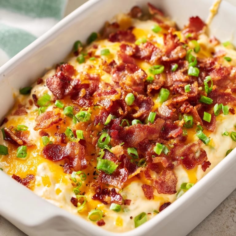 Close-up of cheesy, melted Cheesy Bacon Ranch Dip; hot, creamy dip for a game day snack.