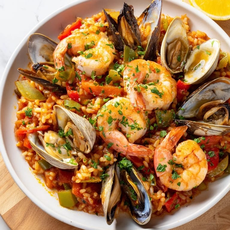 Sizzling paella rice with mussels and clams in this stunning Spanish Seafood Paella dish.