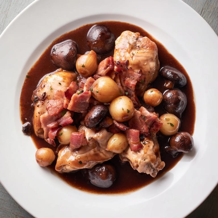 Rustic Coq au Vin served with crusty bread, this classic dish offers savory chicken with earthy mushrooms.