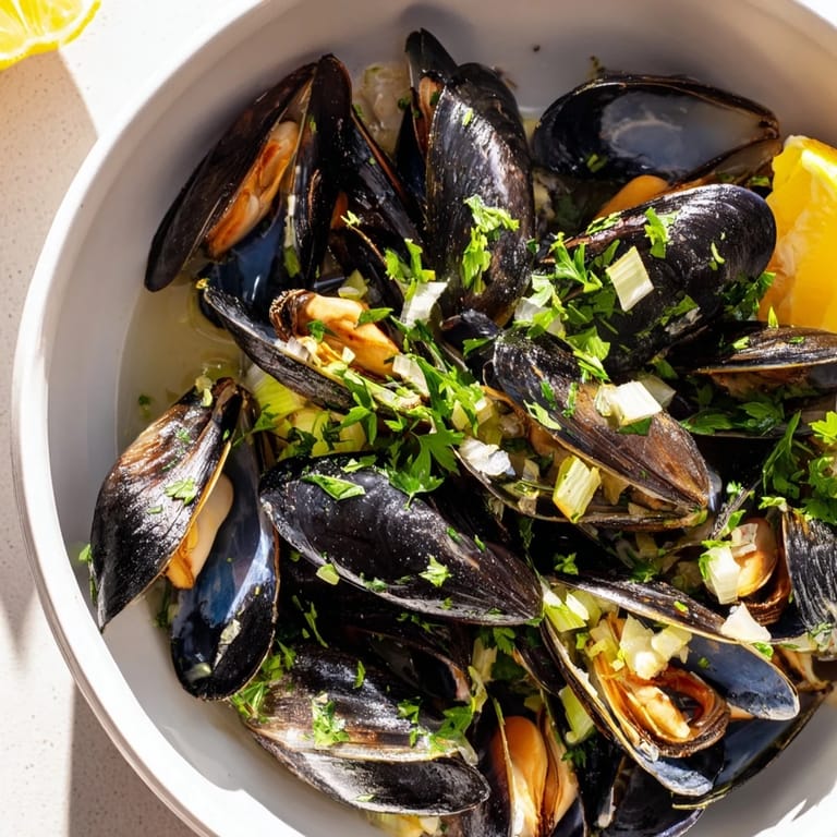 Enjoy a bowl of Belgian Moules Marinière, brimming with mussels, herbs, and a flavorful, rich sauce.