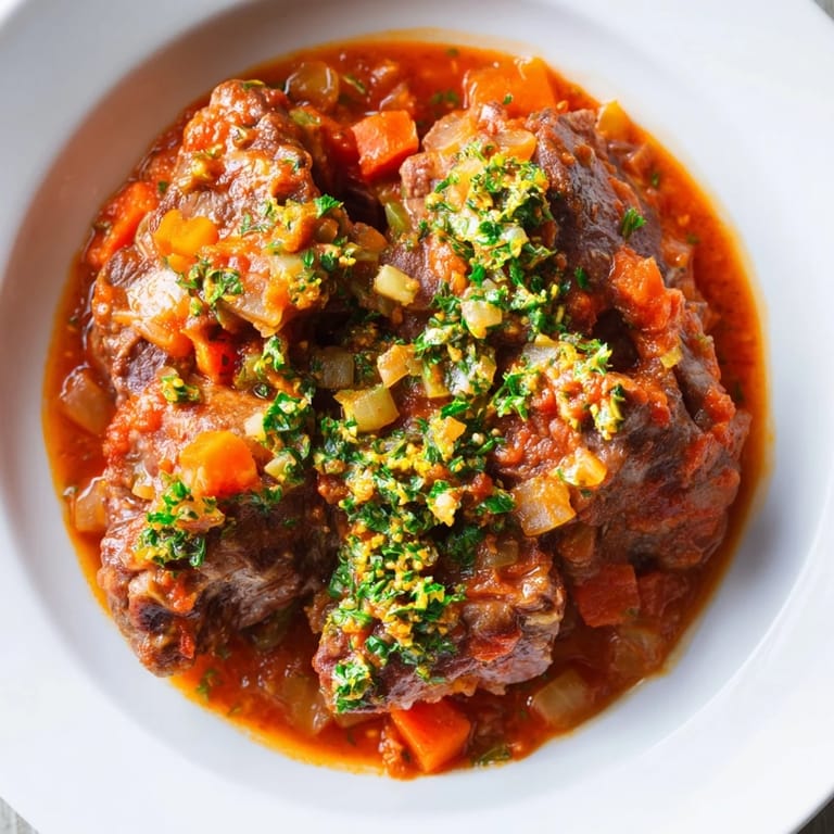 A close-up of the flavorful Osso Buco with meltingly soft veal and vibrant vegetable garnish.