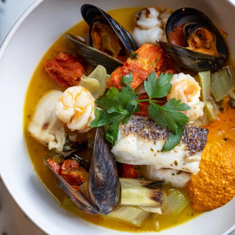 Steaming Bouillabaisse with fresh mussels and shrimp, served with a vibrant and creamy rouille.