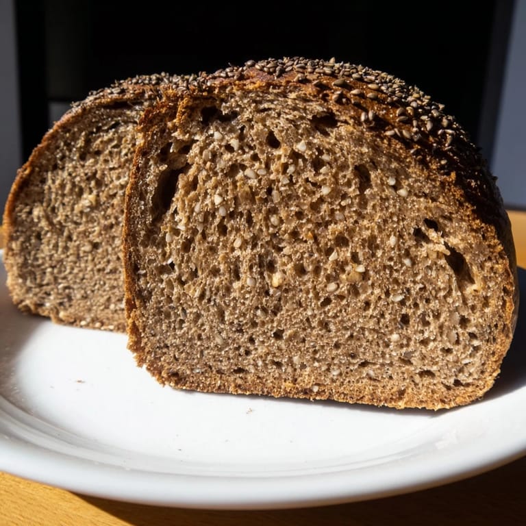 A warm slice of freshly baked Estonian Leib sourdough, aromatic with caraway, and delicious.