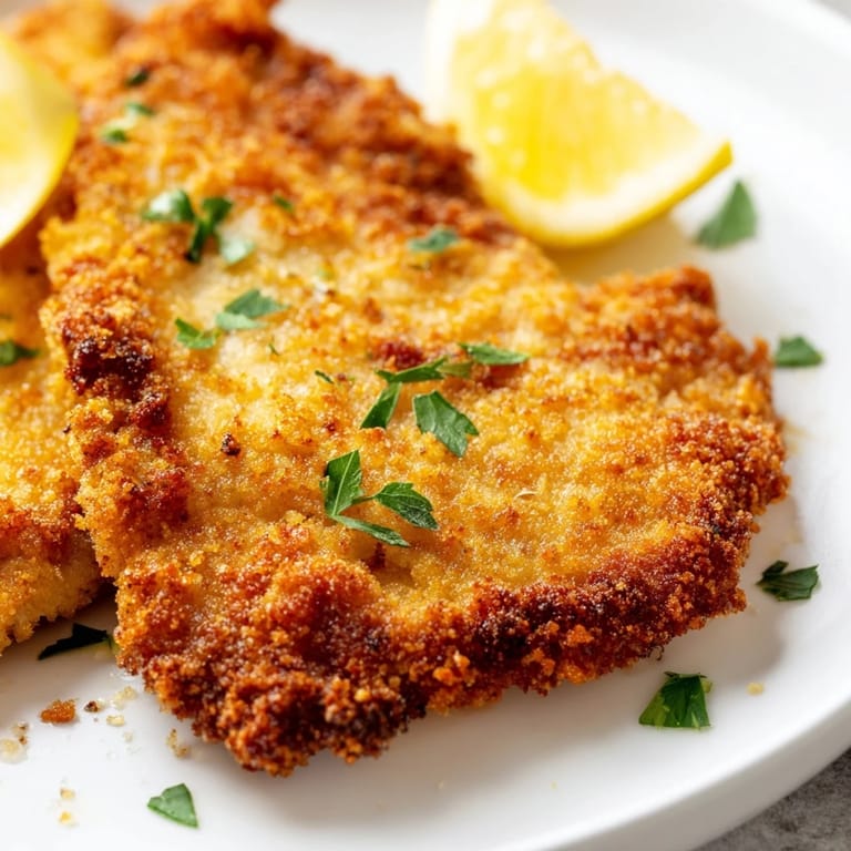 A close-up of a beautifully fried German Schnitzel cutlet, a classic German dish.