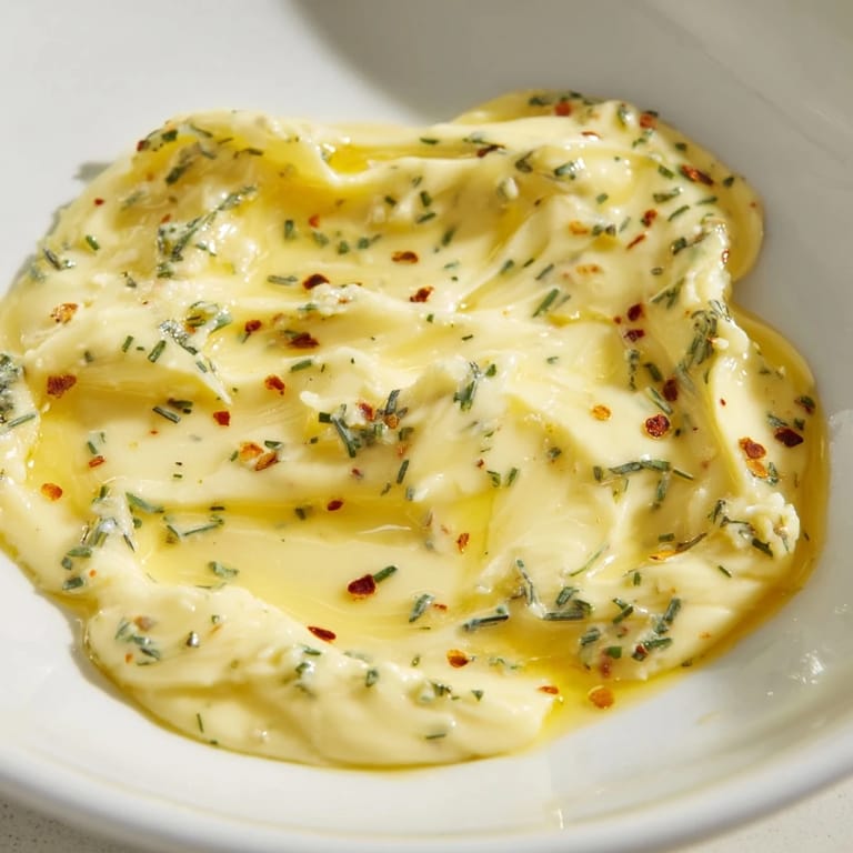Vibrant Cowboy Butter Sauce, with flecks of herbs and spices, perfect for drizzling on grilled vegetables.