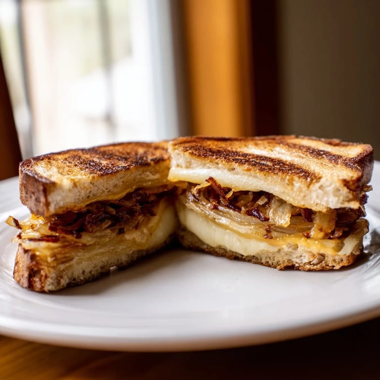 Toasted sourdough surrounds golden Crispy Onion Grilled Cheese, a savory sandwich with fried onion goodness inside.