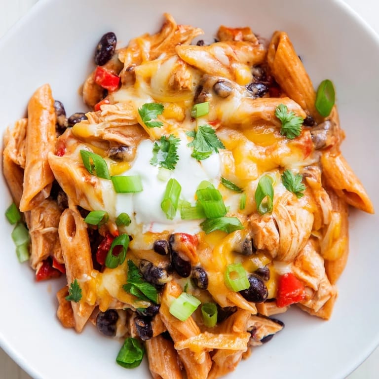 Imagine hearty Chicken Enchilada Pasta, a Tex-Mex delight with a bubbly, cheese-covered top.