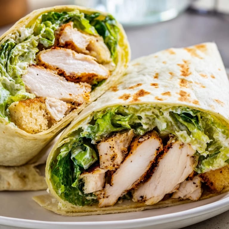 Savor a delicious Caesar chicken salad wrap, perfect for a quick and satisfying lunch.