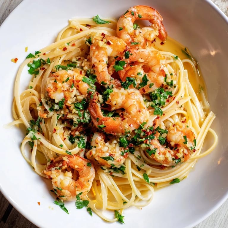 A close-up of buttery Garlic Butter Shrimp Linguine, garnished with fresh parsley and lemon zest.