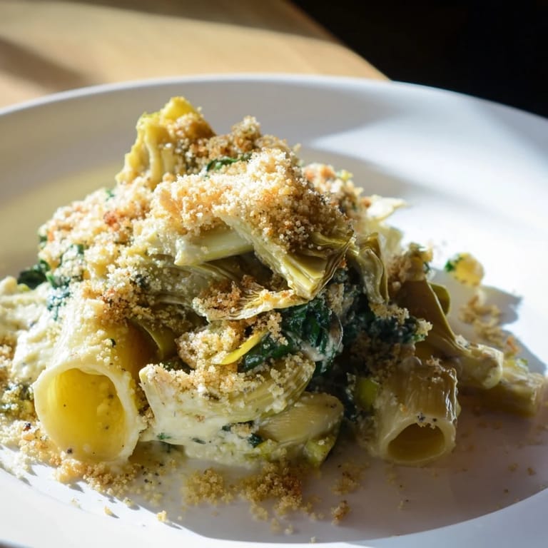 Close-up of the Artichoke Pasta Bake, showing tender pasta, spinach, and a cheesy, bubbly crust.