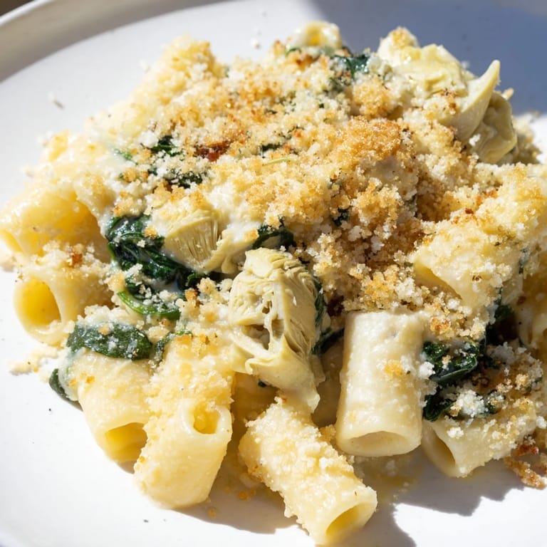 Homemade Artichoke Pasta Bake ready to serve, accompanied by fresh breadsticks—a comforting, vegetarian meal.